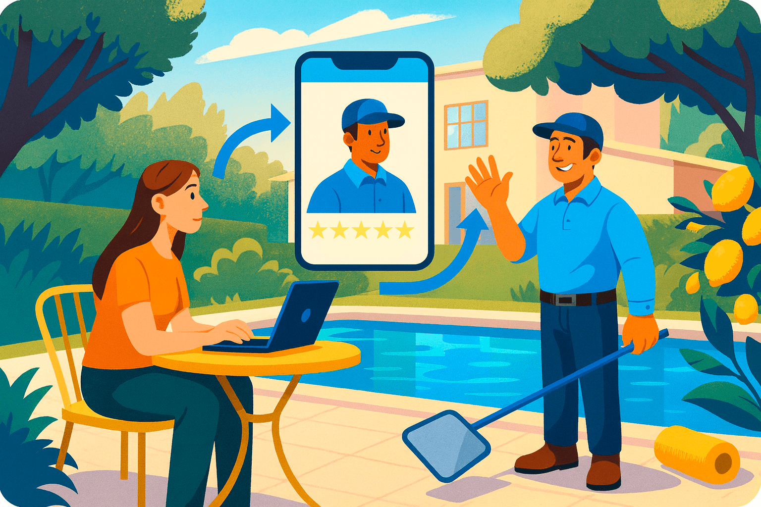 Pool cleaning service app showing connection between customer and pool technician