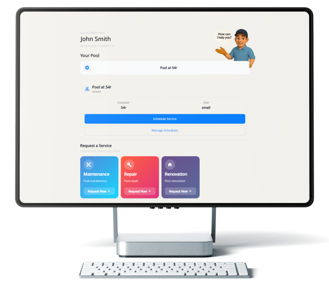 Pool Plus app on a monitor mockup